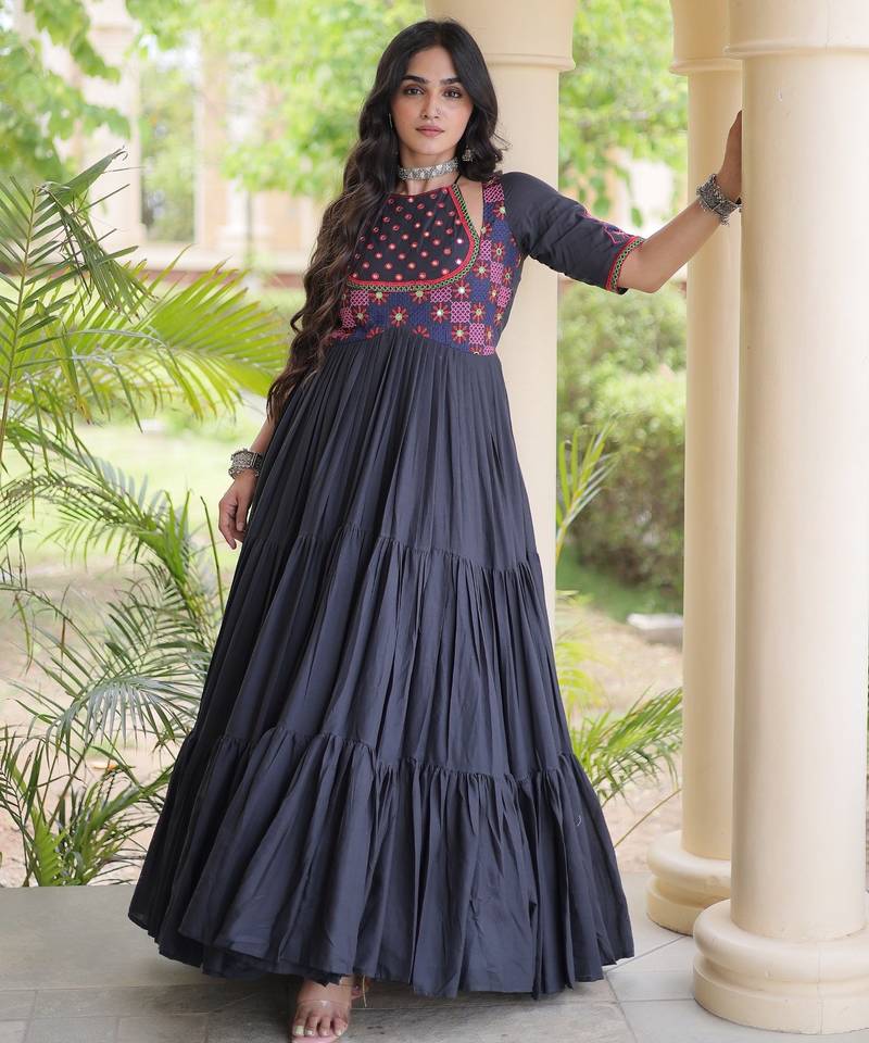 Black cotton readymade navratri anarakali suit with mirror & thread work
