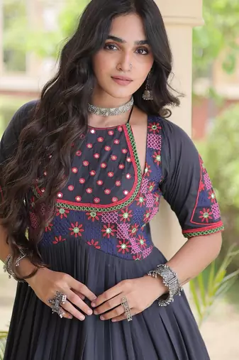 Black cotton readymade navratri anarakali suit with mirror & thread work