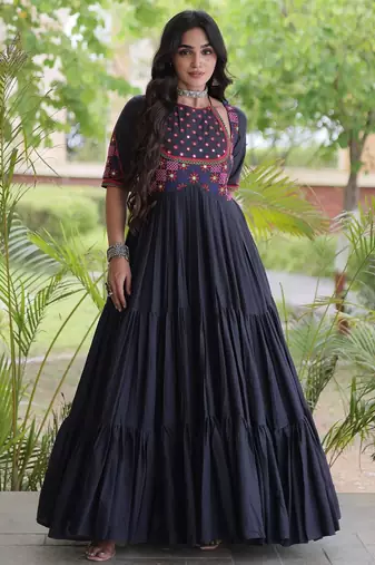 Black cotton readymade navratri anarakali suit with mirror & thread work