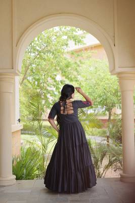 Black cotton readymade navratri anarakali suit with mirror & thread work 4