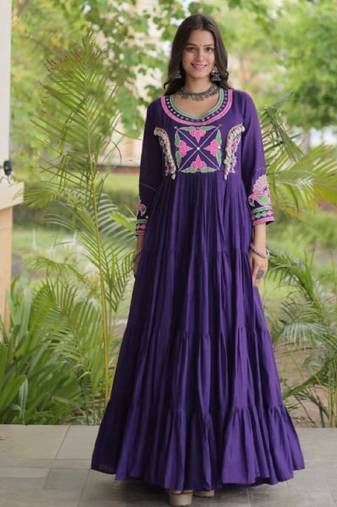 Purple cotton readymade navratri anarakali suit with mirror & thread work