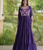 Purple cotton readymade navratri anarakali suit with mirror & thread work