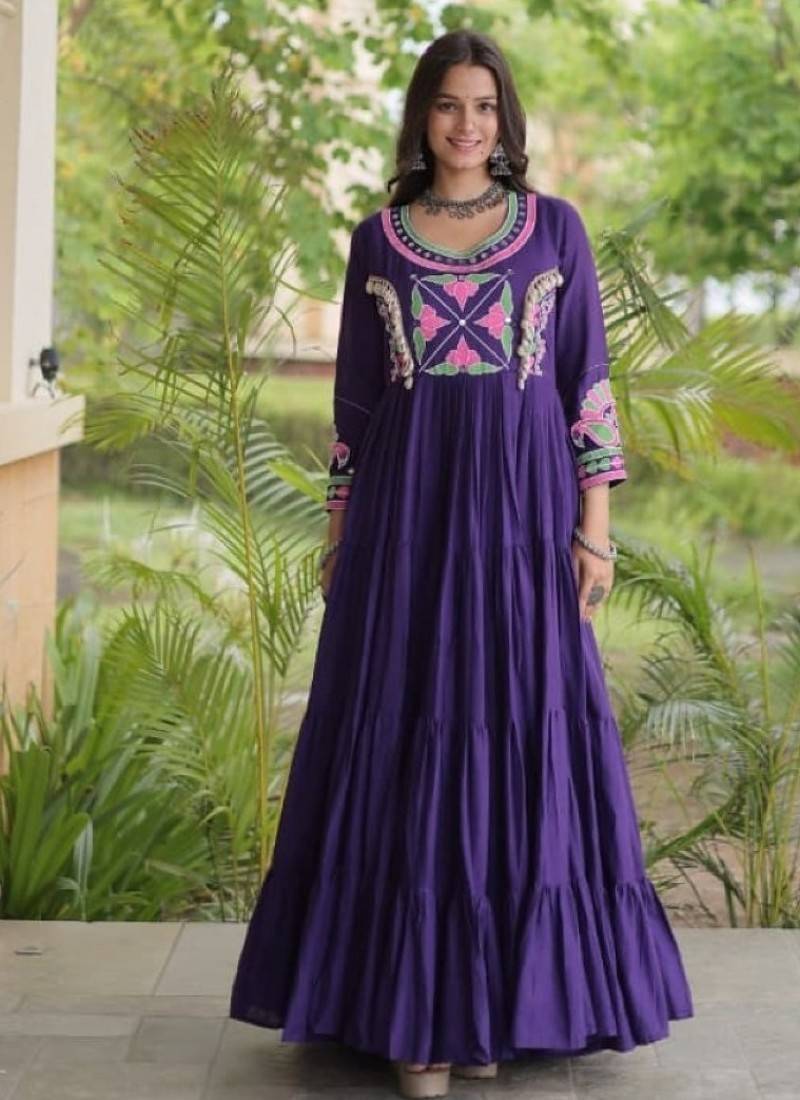 Purple cotton readymade navratri anarakali suit with mirror & thread work