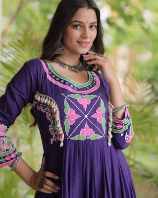 Purple cotton readymade navratri anarakali suit with mirror & thread work 2