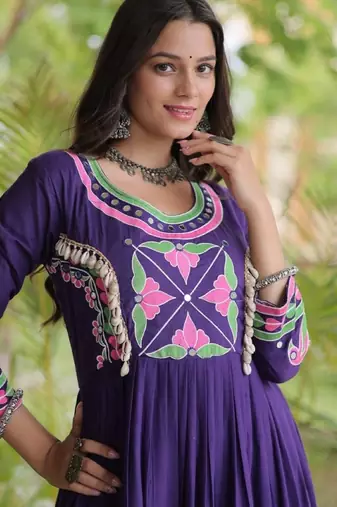 Purple cotton readymade navratri anarakali suit with mirror & thread work