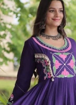 Purple cotton readymade navratri anarakali suit with mirror & thread work 3
