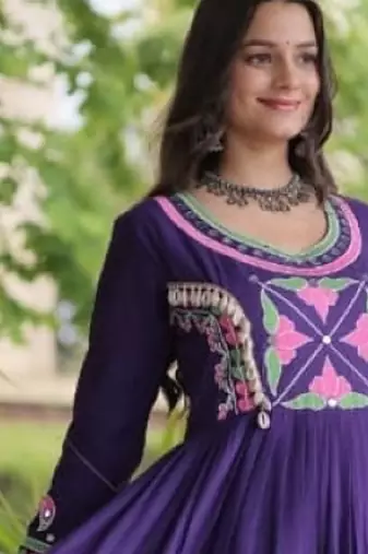 Purple cotton readymade navratri anarakali suit with mirror & thread work