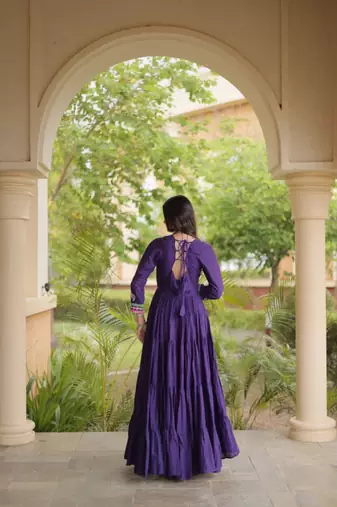 Purple cotton readymade navratri anarakali suit with mirror & thread work