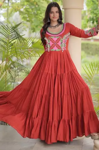 Orange cotton readymade navratri anarakali suit with mirror & thread work