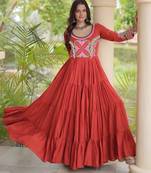 Orange cotton readymade navratri anarakali suit with mirror & thread work