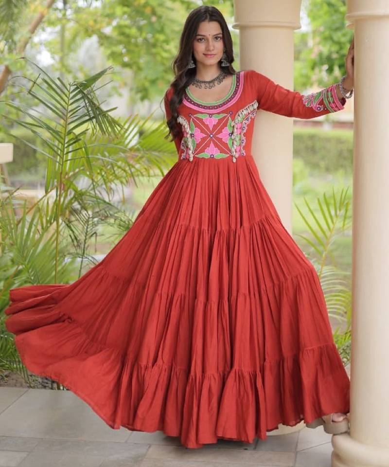 Orange cotton readymade navratri anarakali suit with mirror & thread work