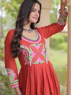 Orange cotton readymade navratri anarakali suit with mirror & thread work 2