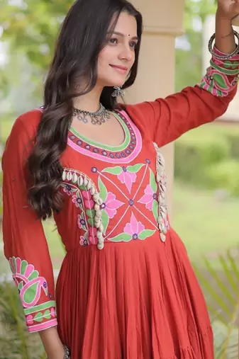 Orange cotton readymade navratri anarakali suit with mirror & thread work