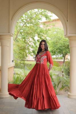 Orange cotton readymade navratri anarakali suit with mirror & thread work 3