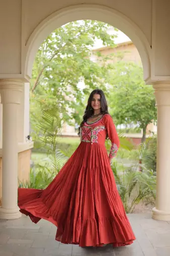 Orange cotton readymade navratri anarakali suit with mirror & thread work