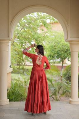 Orange cotton readymade navratri anarakali suit with mirror & thread work 4