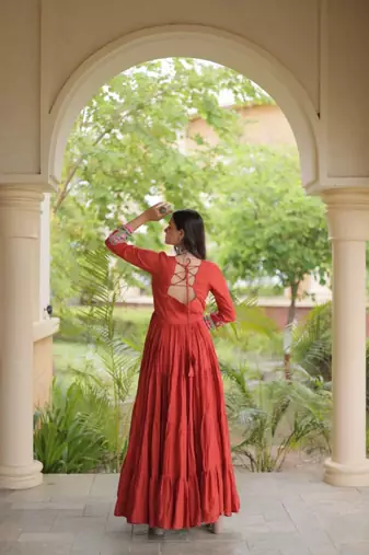 Orange cotton readymade navratri anarakali suit with mirror & thread work