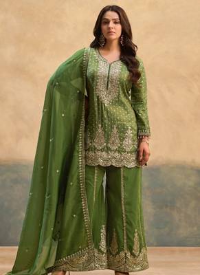 D green viscose readymade suit with embroidery work 1