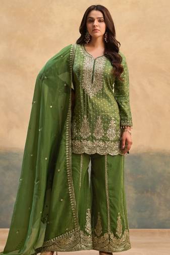 D green viscose readymade suit with embroidery work