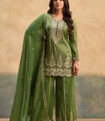 D green viscose readymade suit with embroidery work