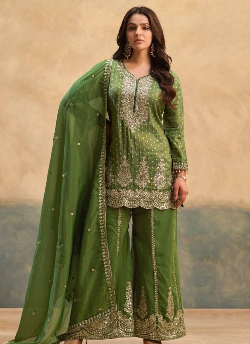 D green viscose readymade suit with embroidery work