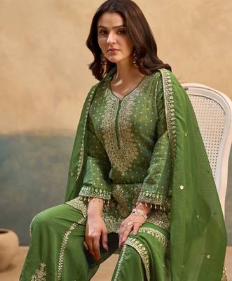 D green viscose readymade suit with embroidery work 2