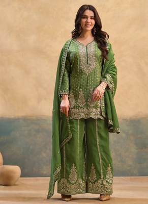 D green viscose readymade suit with embroidery work 3