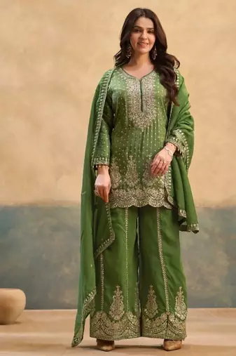 D green viscose readymade suit with embroidery work
