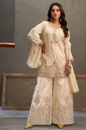 White viscose readymade suit with embroidery work
