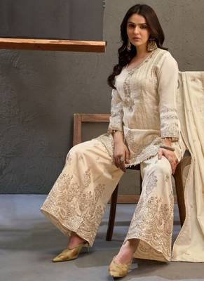 White viscose readymade suit with embroidery work 2