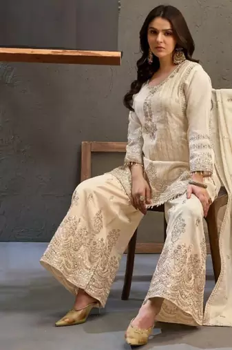 White viscose readymade suit with embroidery work