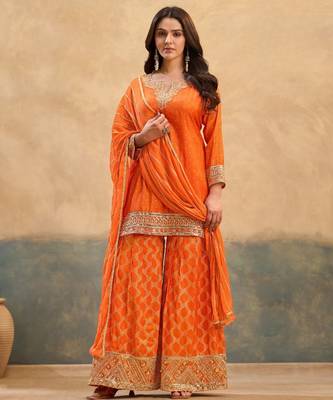 Orange viscose readymade suit with embroidery work 1