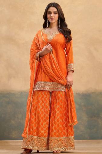 Orange viscose readymade suit with embroidery work
