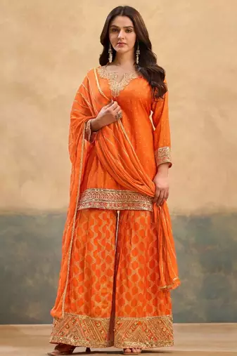 Orange viscose readymade suit with embroidery work
