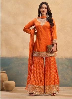 Orange viscose readymade suit with embroidery work 2
