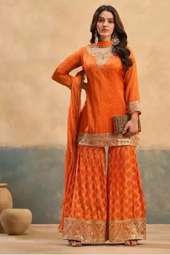 Orange viscose readymade suit with embroidery work