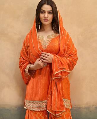 Orange viscose readymade suit with embroidery work 3