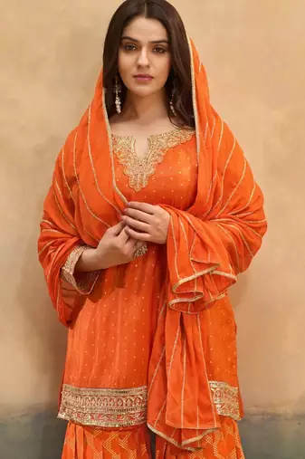 Orange viscose readymade suit with embroidery work