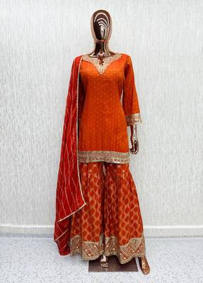 Orange viscose readymade suit with embroidery work 4