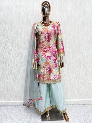 Sky chinon readymade suit with embroidery work 2