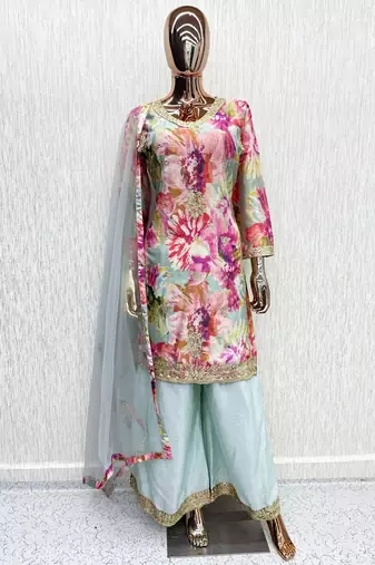 Sky chinon readymade suit with embroidery work