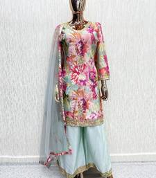 Sky chinon readymade suit with embroidery work
