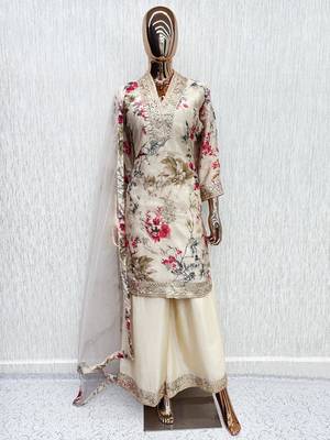Beige chinon readymade suit with embroidery work 2