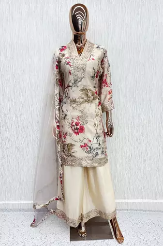 Beige chinon readymade suit with embroidery work