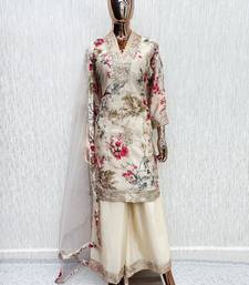 Beige chinon readymade suit with embroidery work