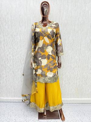 Yellow chinon readymade suit with embroidery work 2