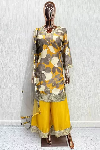 Yellow chinon readymade suit with embroidery work