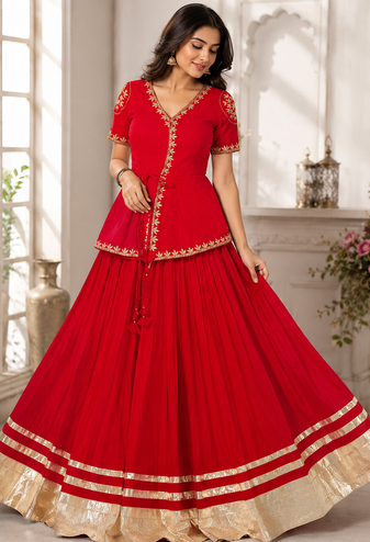 Red lampi bordar Silk Blend Navratri Lahenga & Top Set