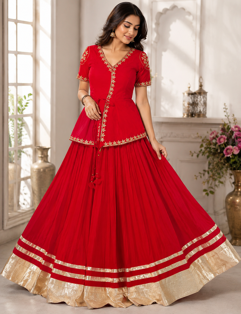 Red lampi bordar Silk Blend Navratri Lahenga & Top Set