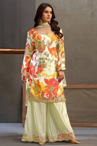 White chinon readymade suit with embroidery work